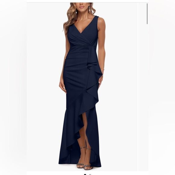 Betsy & Adam V Neck Cascade Ruffle High Low Gown - Picture 1 of 5